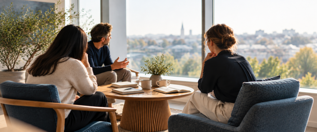 Three people in a thoughtful conversation in a bright meeting space.